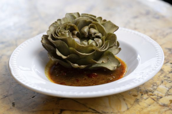 Globe artichoke with curry vinaigrette at Anchovy. 