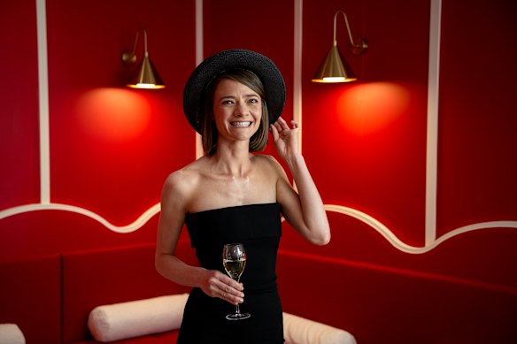 Jess Watson in the Mumm marquee at The Birdcage on Victoria Derby Day at Flemington.