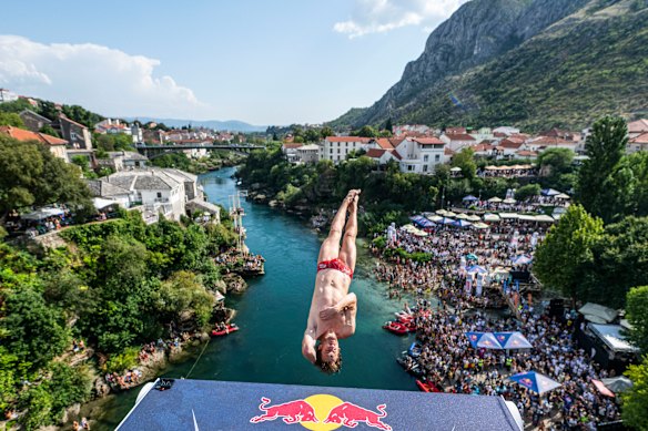 Gary Hunt dives from the 27.5 metre platform on Stari Most (Old Bridge) during the final competition day of the third stop of the Red Bull Cliff Diving World Series at Mostar, Bosnia and Herzegovina.