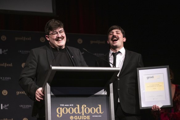 Winner of the Restaurant of the Year Award Chayse and Blayne Bertoncello from O.My at the Good Food Guide Awards ceremony at Melbourne’s Plaza Ballroom. 