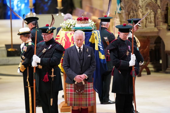 King Charles III, Princess Anne, Prince Andrew and Prince Edward keep a vigil at the coffin of Queen Elizabeth II at St Giles’ Cathedral in Edinburgh.