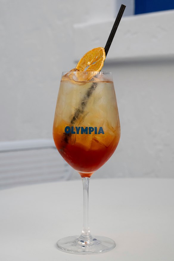 The Mt Olympus cocktail with gin, honey, grenadine and Greek mountain tea syrup.