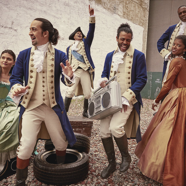 Lin-Manuel Miranda (second from left) and other members of the original Hamilton cast. Every year since its 2015 premiere, the musical has made more money than any other show on Broadway.