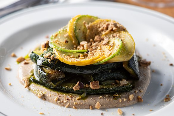 Zucchini, hazelnut puree and basil.