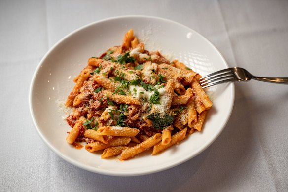 Penne all’amatriciana, one of several simple pastas on the menu.