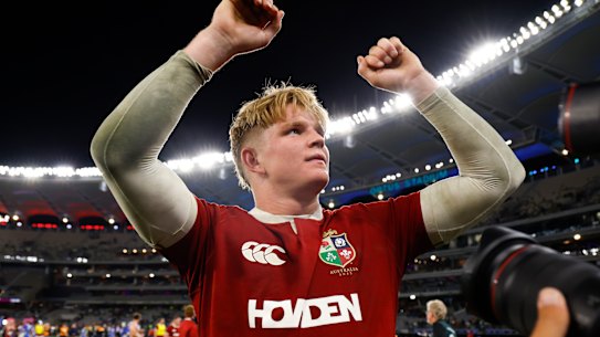 PERTH, AUSTRALIA - JUNE 28: Henry Pollock of the British Lions acknoladges the crowd after the win during the tour match between Western Force and British & Irish Lions at Optus Stadium on June 28, 2025 in Perth, Australia. (Photo by James Worsfold/Getty Images)