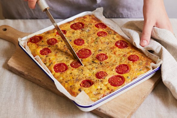 Corn fritters in tray-bake form.