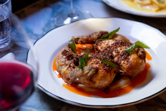 Spatchcock crusted with crunchy Asian-adjacent spices, chilli oil and soy.