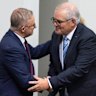 Albanese and Morrison shake hands after Morrison’s farewell speech.