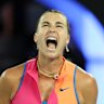 Aryna Sabalenka lets out a thunderous roar during her dominant win.