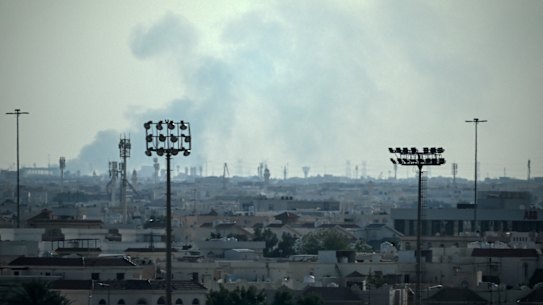 Smoke rises from an area in the direction of Al Udeid Air Base on February 28 after a suspected Iranian drone strike.