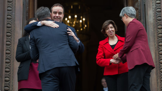 Warmth on display: French Foreign Affairs minister Catherine Colonna, French Defence Minister Sebastien Lecornu, Australian Defence Minister Richard Marles and Australian Foreign Minister Penny Wong at a meeting in Paris.
