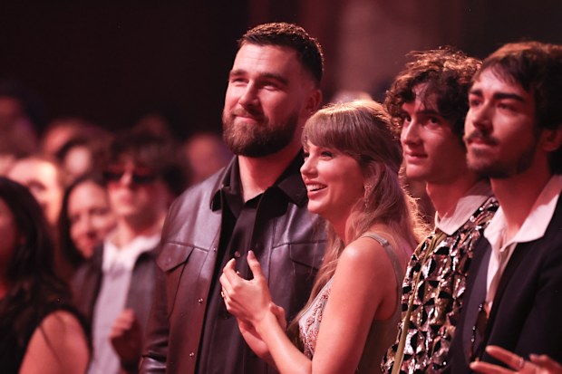 Travis Kelce and Taylor Swift at the 2026 iHeartRadio Music Awards held at Dolby Theatre on March 26, 2026 in Los Angeles, California. (Photo by Christopher Polk/Billboard via Getty Images)