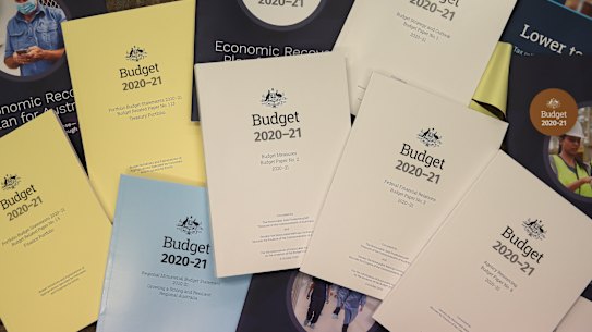 Budget papers from inside the budget lockup in the press gallery in Parliament House.