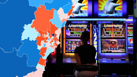 Composite of map showing ClubGRANTS funding by electorate and people gambling.