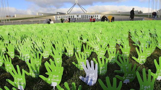 A sea of hands representing public schools that support the Gonski education reforms on display in Canberra in August  2012.  