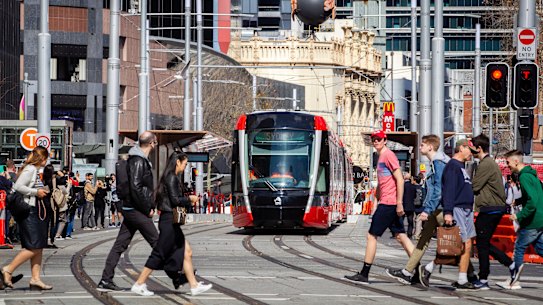 The Sydney Light Rail travels down George Street in Sydney during daylight hours for the first time.  