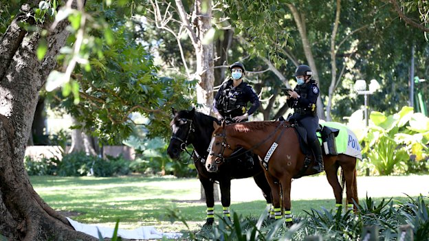 Police on horseback enforcing Brisbane’s lockdown.