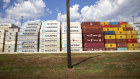 Stacked containers line the Bayport Container Terminal in Houston, Texas.