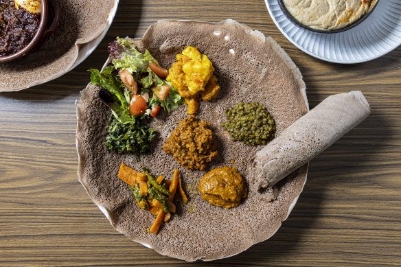 Go-to dish: Beyaynetu vegan platter on injera.