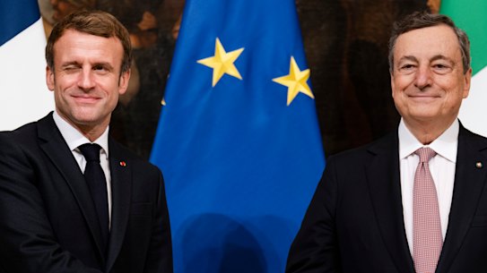 French President Emmanuel Macron, left, and Italian Prime Minister Mario Draghi in Rome on Thursday.