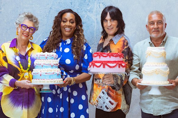 Lawson will replace Prue Leith, far left, pictured with GBBO presenters Alison Hammond and Noel Fielding, and judge Paul Hollywood.