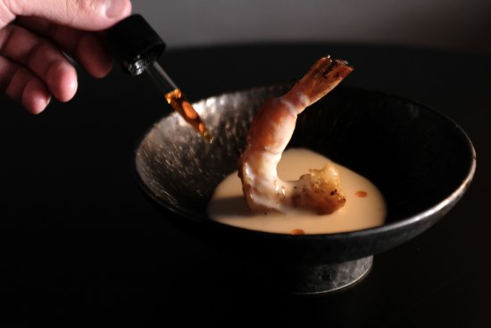 Almond tea with grilled king prawn at Mu Omakase.