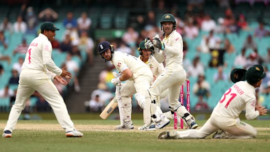 Jack Leach succumbs to the wrist spin of Steve Smith with 12 balls remaining.