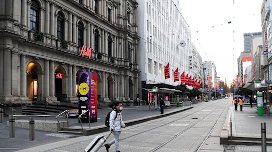 Melbourne’s Bourke Street Mall almost empty during lockdown. 