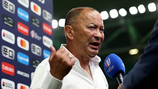 SAINT-ETIENNE, FRANCE - OCTOBER 01: Eddie Jones, Head Coach of Australia, speaks to the media prior to the Rugby World Cup France 2023 match between Australia and Portugal at Stade Geoffroy-Guichard on October 01, 2023 in Saint-Etienne, France. (Photo by Chris Hyde/Getty Images)