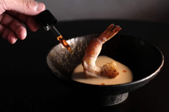 Almond tea with grilled king prawn.