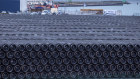 Pipes for the construction of the Nord Stream 2 natural gas pipeline from Russia to Germany in Sassnitz, Germany. 