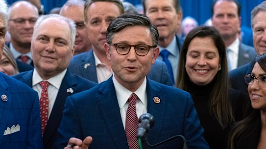 Representative Mike Johnson speaks after he was chosen as the Republicans latest nominee for House speaker at a Republican caucus meeting at the Capitol in Washington.