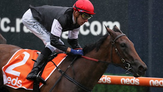 Jockey Jordan Childs steers Mildred to victory in  the Chairman's Stakes at Caulfield on Saturday.
