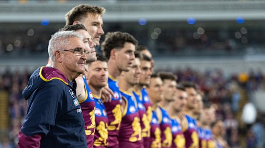 Brisbane Lions coach Chris Fagan and his players before the preliminary final against Carlton.