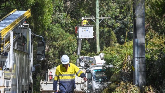 Ausnet technicians repairing power lines in Emerald.