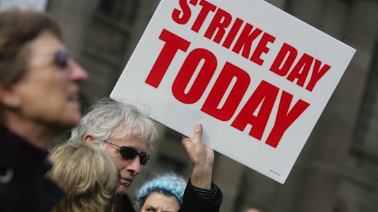 Union members sometimes strike in bargaining with employers.
