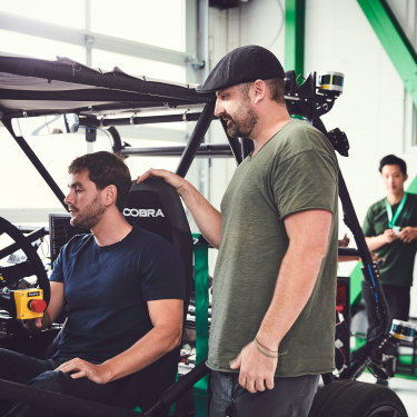 Tim Kentley-Klay, and Jesse Levinson in a Zoox prototype in 2017