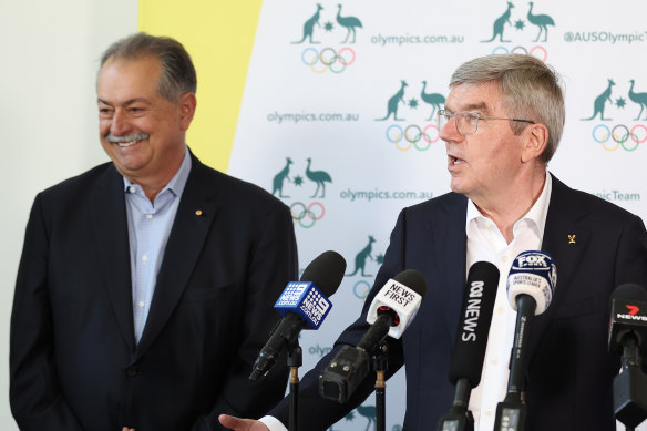 Thomas Back (right) with Brisbane 2032 chief executive Andrew Liveris.