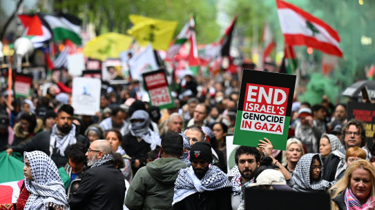 Protesters march during a pro-Palestine rally for Gaza and Lebanon in Melbourne.
