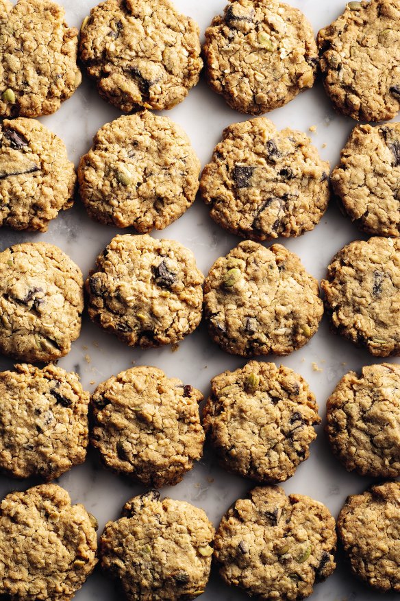 Chocolate and pumpkin seed biscuits.