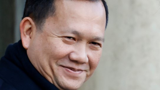 Cambodia Prime Minister Hun Manet, left, is welcomed to the Elysee Palace in Paris by French President Emmanuel Macron last week.