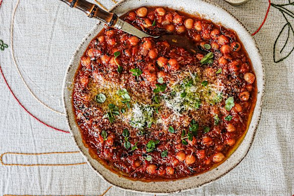 Serve puttanesca chickpeas over pasta to stretch this dish further.