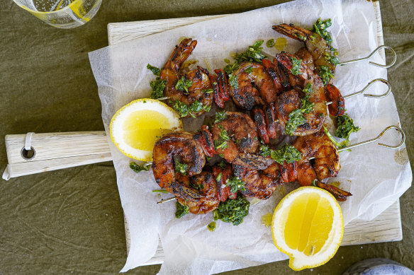 Prawn and chorizo skewers with quick mojo verde.