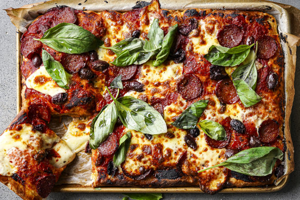 A slab of cheesy pepperoni goodness.