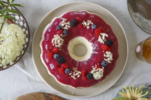Raspberry, moscato and elderflower jelly with yoghurt and white chocolate panna cotta.