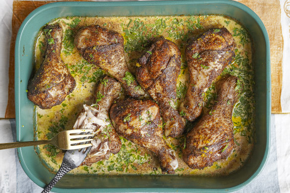 One-tray spiced chicken drumsticks. 