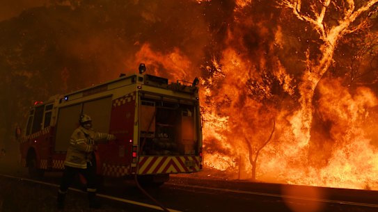 The Mount Wilson backburn, lit to contain the Gospers Mountain Fire, crossing the Bells Line of Road at Berambing.