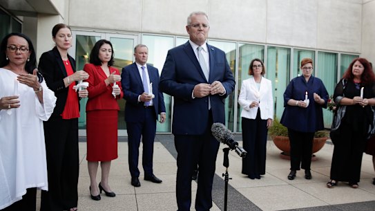 Prime Minister Scott Morrison speaks during a vigil for Hannah Clarke and her children at Parliament House in Canberra on  Wednesday.