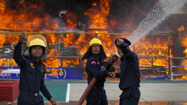 Narcotics worth more than $200 million are ceremonially set alight in Yangon, Myanmar, as seen in this file picture.